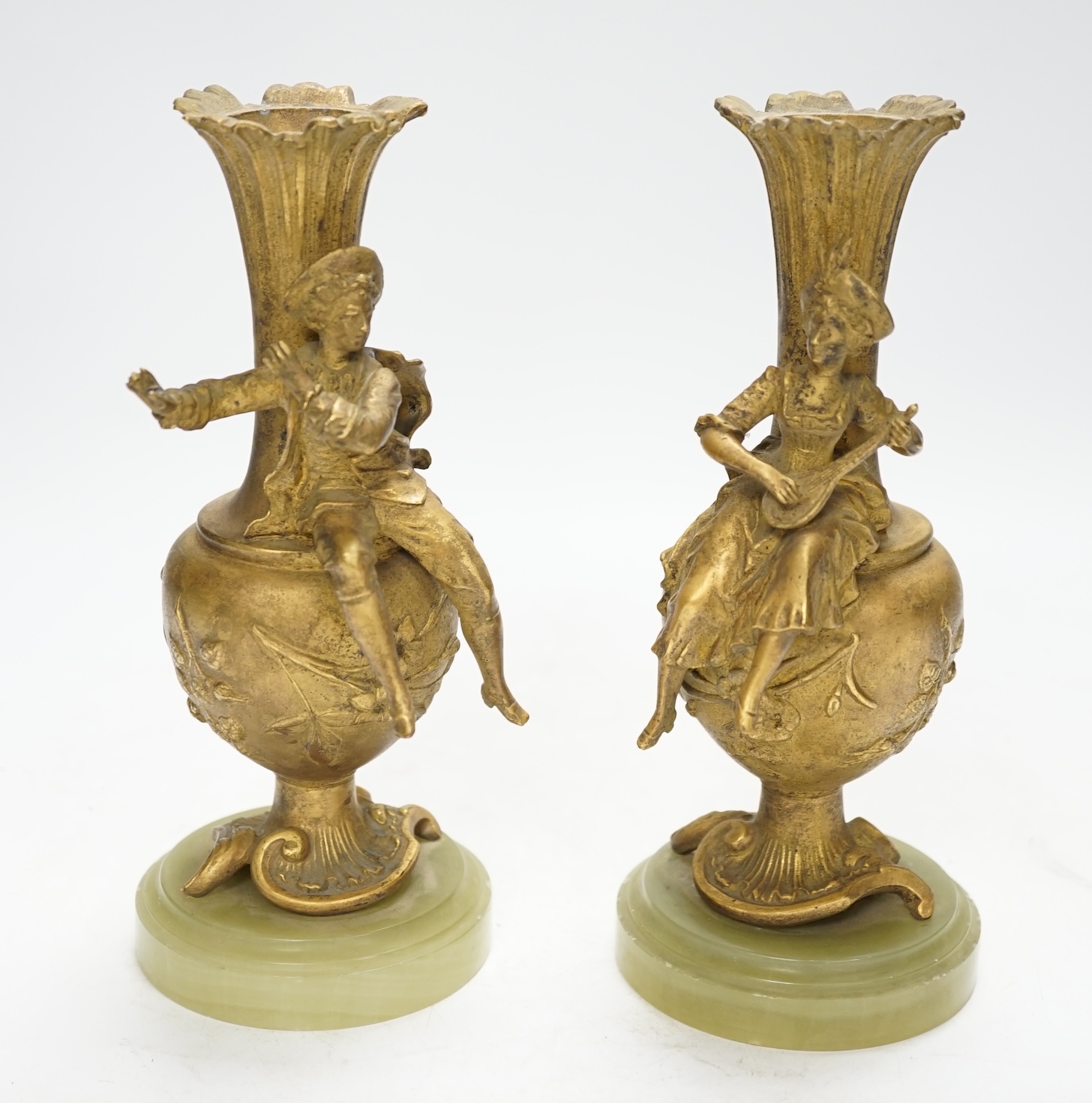 After Emil Fuchs (1866-1929), a pair of ormolu figural vases, on onyx bases, 20.5cm. Condition - fair